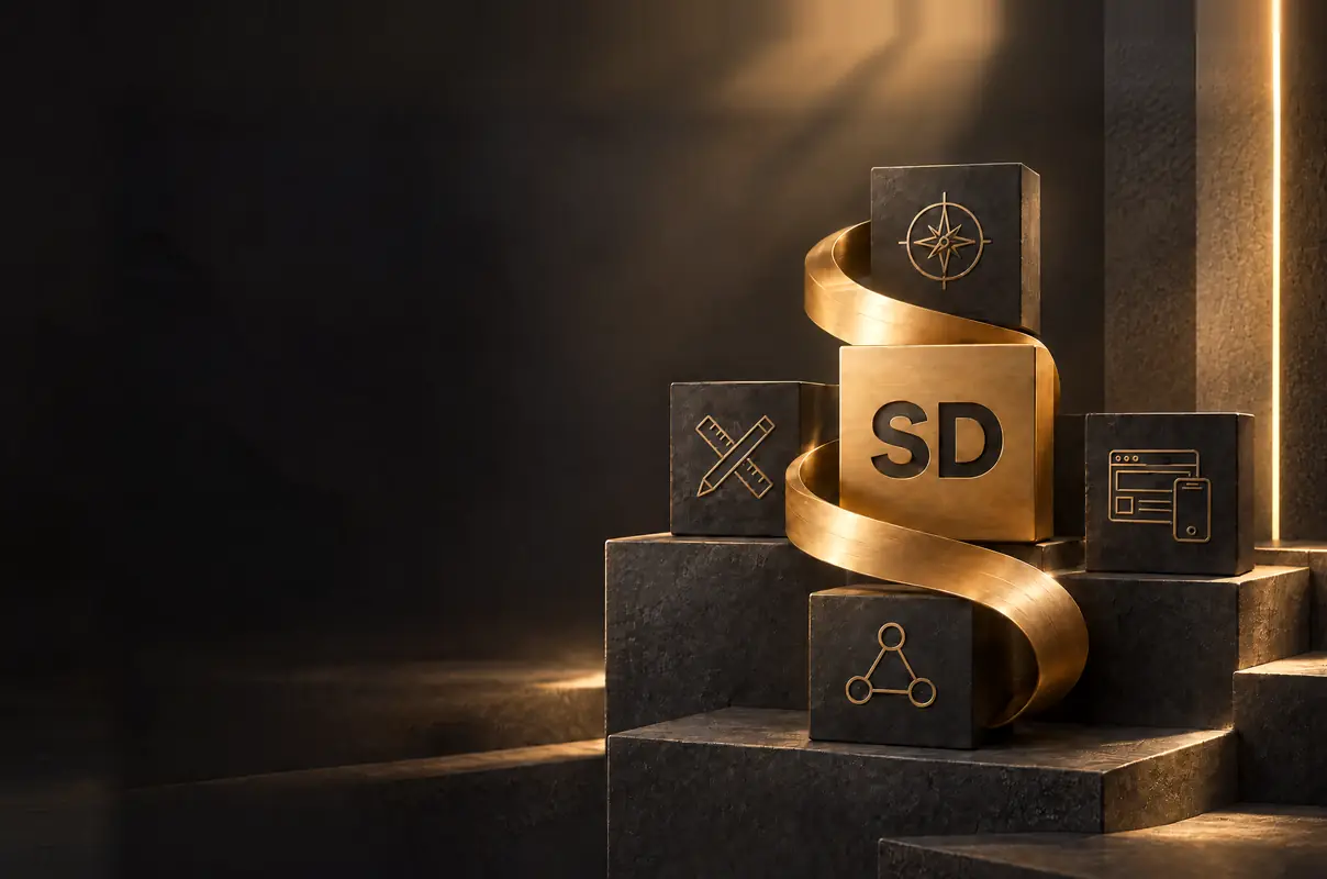 A gold SD block in the centre, surrounded by blocks for strategy, design, websites and AI, joined by a gold ribbon.