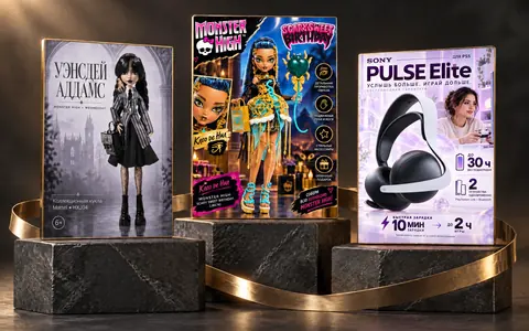 Три обложки карточек — кукла Уэнсдей, кукла Клео де Нил и гарнитура PULSE Elite — на каменных постаментах, между ними золотая лента